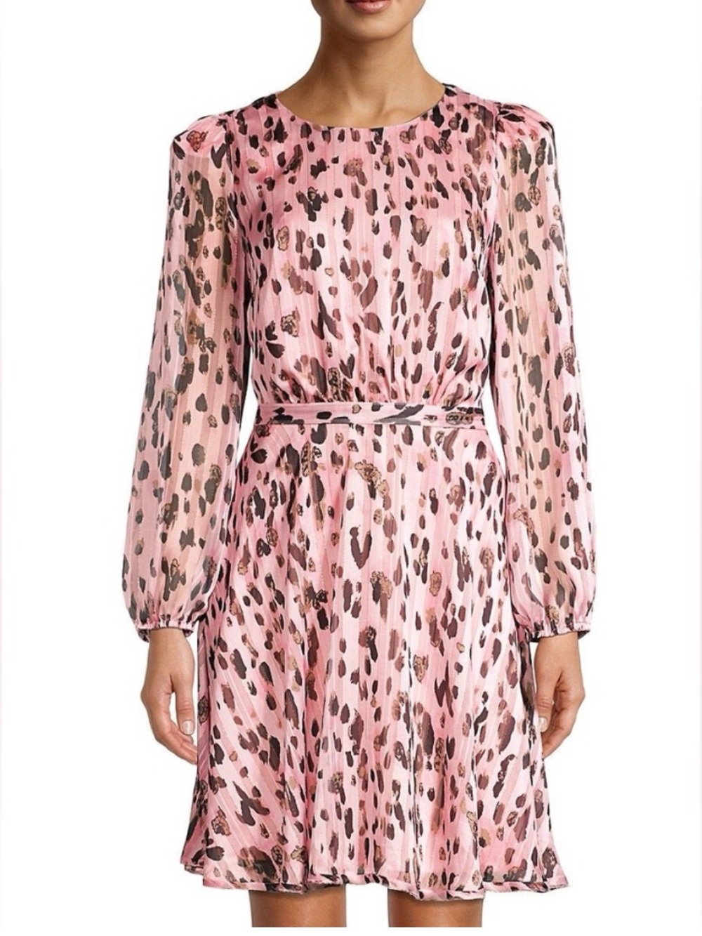 MILLY Pink Metallic Leopard Print Mini Dress Sheer Puff Sleeve Women’s 2 EUC